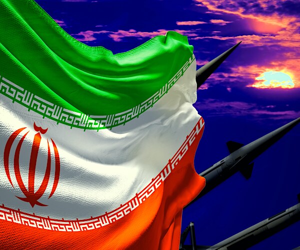 a graphic illustration of an iranian flag with missiles pointed as a dusk sky