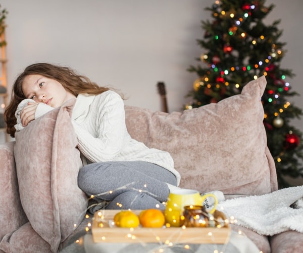 frustrated depressed sad teen girl sitting on sofa at home during christmas