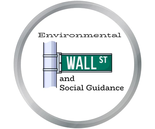 a wall street sign with environmental and social guidance written around it