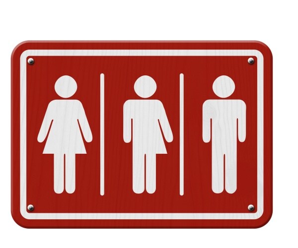 red sign with white male female and other figures