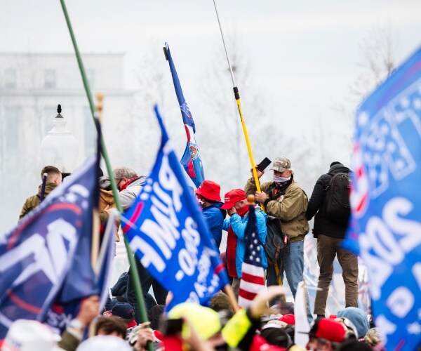 protesters hold trump flags