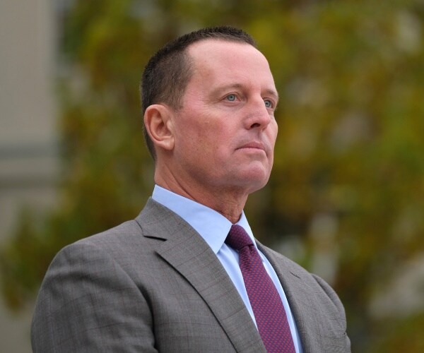 grenell standing outside in a gray suit light blue shirt and purple tie