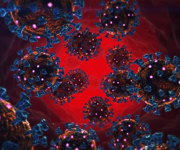 rendering of covid-19 particles in red and blue