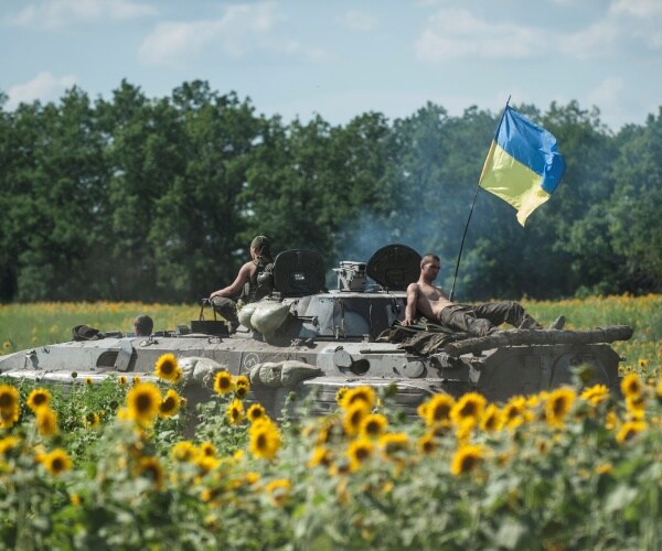 ukrainian troops ride on an apc with a ukrainian flag, in a field with sunflowers