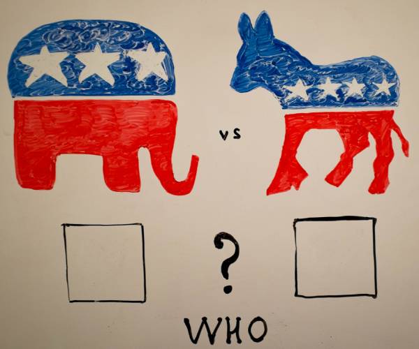 republican and democrat logos on a piece of paper with boxes underneath and the question who