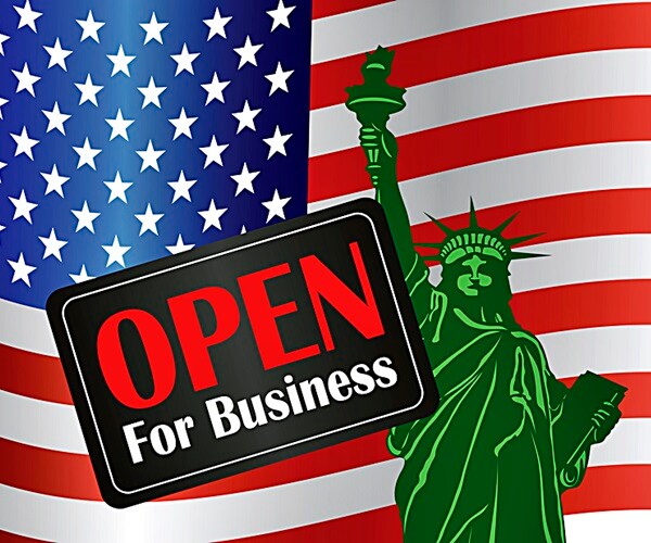 government shutdown open for business sign with statue of liberty with usa american flag illustration 

