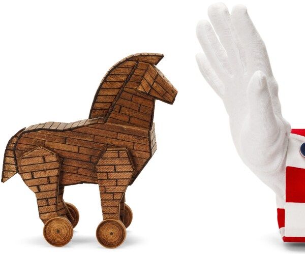 a trojan horse with the hand of uncle sam holding up a stop postion