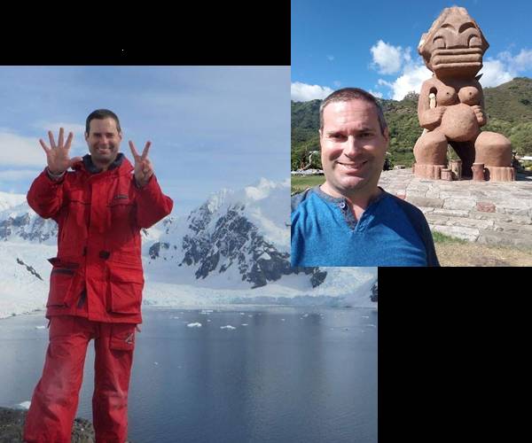 man standing outside in antarctica and in front of a giant polynesian statue in two separate pictures