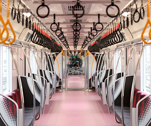 a photo shows the inside of tokyo metro's new vehicle unveiled to media at the nakano railway yard in tokyo