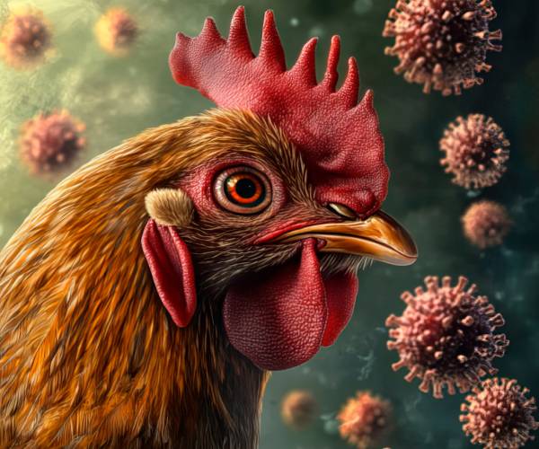 illustration of a rooster surrounded by viruses