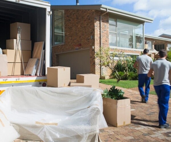 moving van, family moving boxes into house