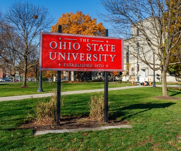 red ohio state university sign on lawn