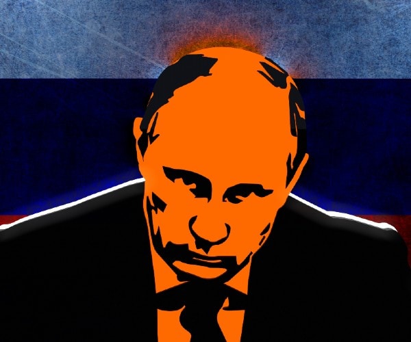 illustration of putin looking intimidating in front of a russian flag