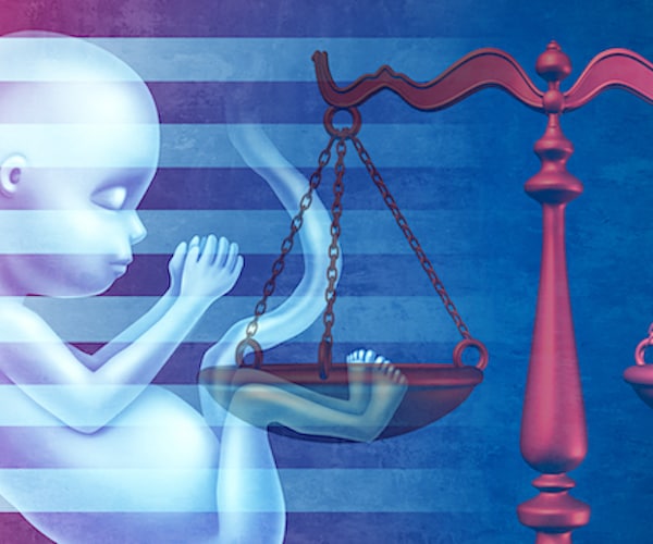 a graphic showing a baby in the womb, the scales of justice and an american flag in the background