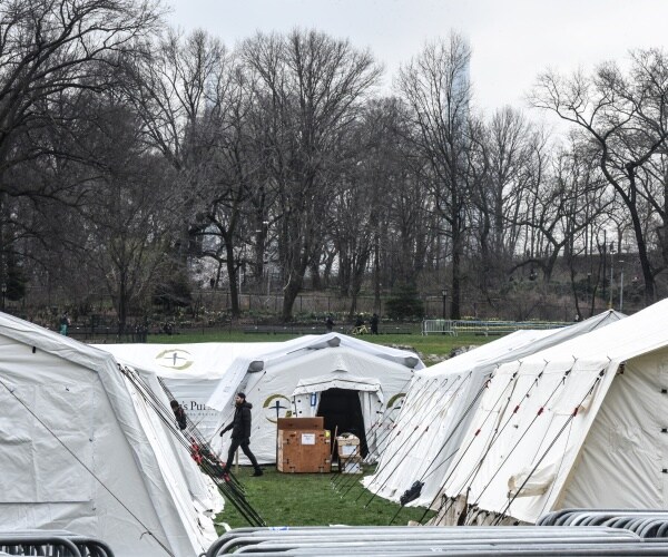 white tents in central park nyc set up by the samaritan's purse organization