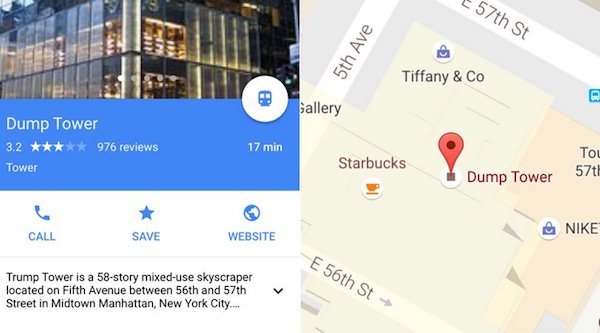 "Dump Tower:" Trump's NYC Home Renamed on Google Maps