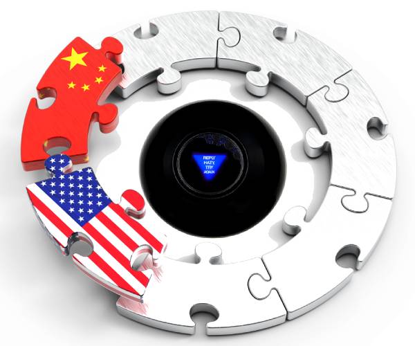 circular puzzle with american and chinese flag pieces with a magic eight ball in center reading reply hazy try again