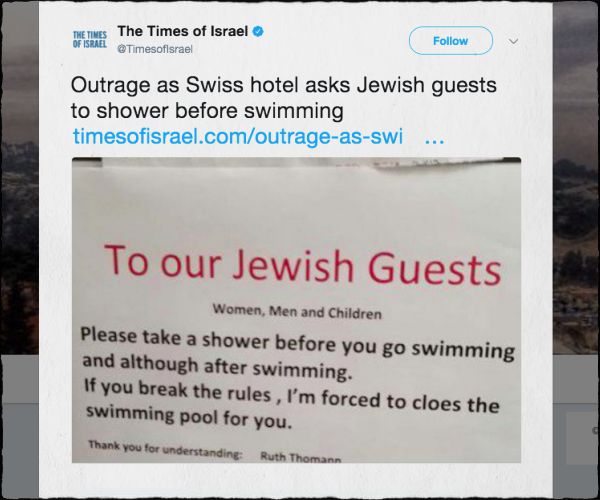 Swiss Hotel: Jewish Guests Must Shower