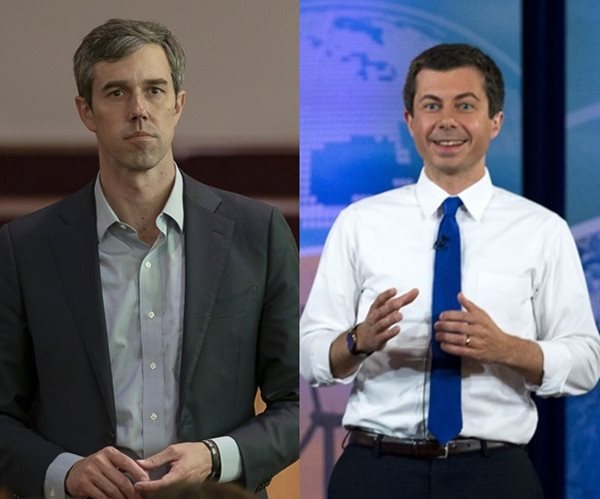 beto o'rourke and pete buttigieg stand and speak in side by side photos