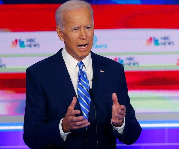 joe biden gestures during the democratic primary debate