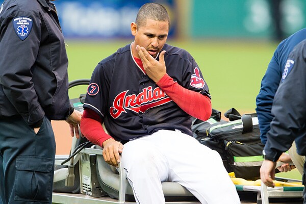 Carlos Carrasco, Indians Pitcher, Stops a Line Drive With his Face