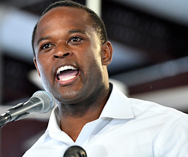 kentucky attorney general daniel cameron exults during a campaign rally speech