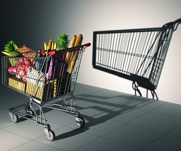 full shopping cart cast shadow on the wall as empty shopping cart. 3d illustratio

