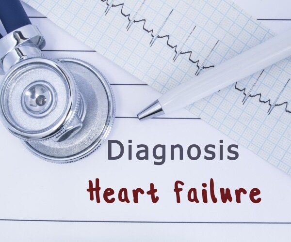 diagnosis pad says 'heart failure', stethoscope,  ecg results