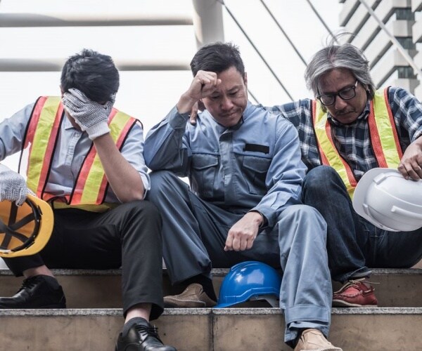 men on a construction job site looking anxious/stressed