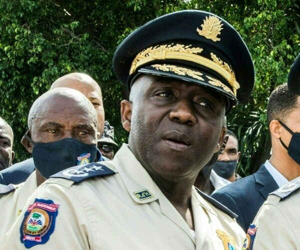 Léon Charles, Director General of Haiti's Police, looks on during a ceremony.