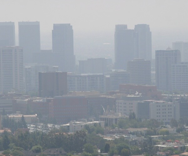 downtown Los Angeles with air pollution, smog