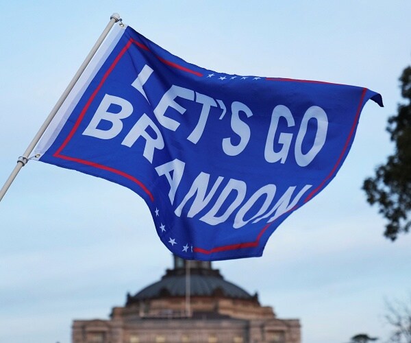 blue flag says lets go brandon