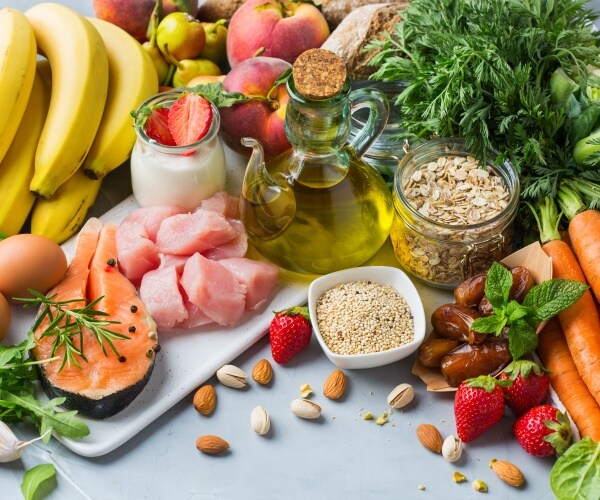 fruits, vegetables, fish, olive oil and other Mediterranean diet foods