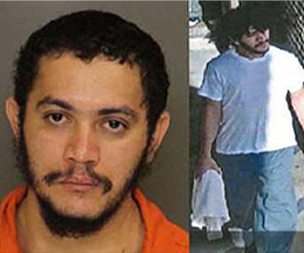 a police booking photo and another photo of the prisoner walking beside a fence