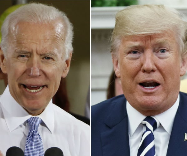 former vice president joe biden is shown on left and president donald trump is shown on right