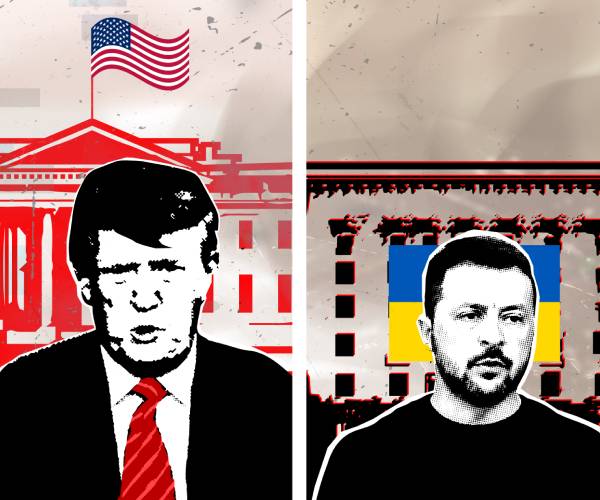 artistic rendering of trump in front of the white house and zelenskyy in front of ukraine capital