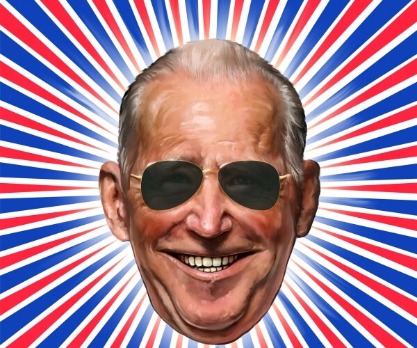 joe biden pop art picture with red white and blue rays and wearing sunglasses