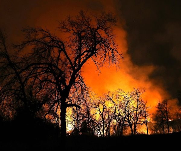 forest fire lights up night sky silhouetting california firefighters