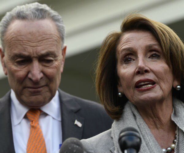 house speaker nancy pelosi and senate minority leader chuck schumer stand at the news conference mic