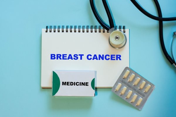 Breast cancer on clipboard and medications around it