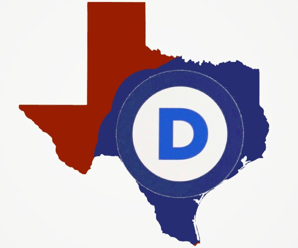 a map of texas in red but being turned blue with a democratic party logo