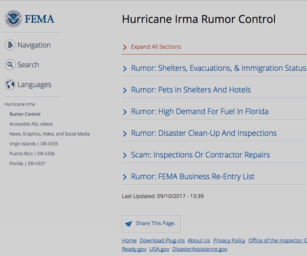 FEMA Website Debunks Hurricane Irma Rumors