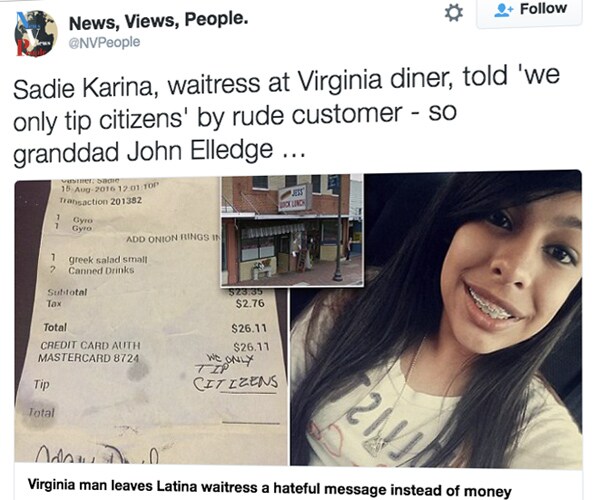 Latina Waitress' Tip: 'We Only Tip Citizens'