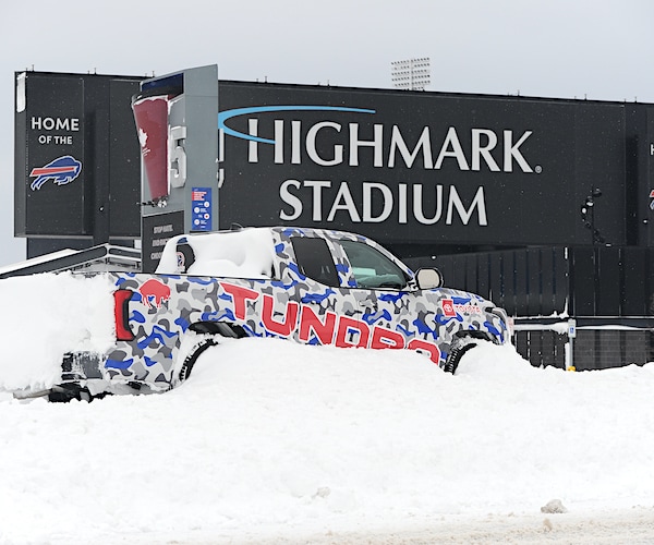 Highmark Stadium, home of the Buffalo Bills, is surrounded by snow as seen from Abbott Road in Orchard Park, New York