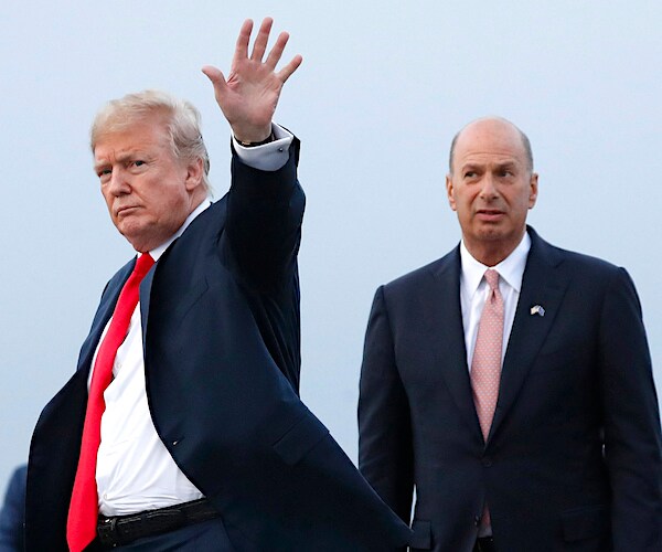 president donald trump waves as ambassador gordon sondland casts a wayward eye at the president