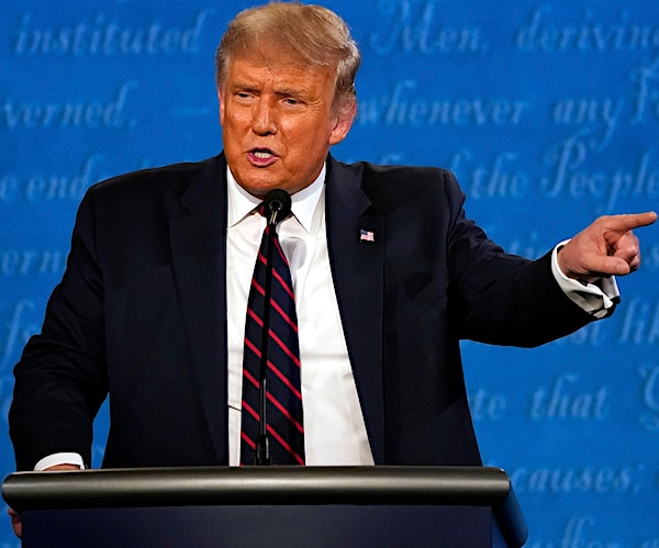 president donald trump points and delivers pointed remarks during the first presidential debate