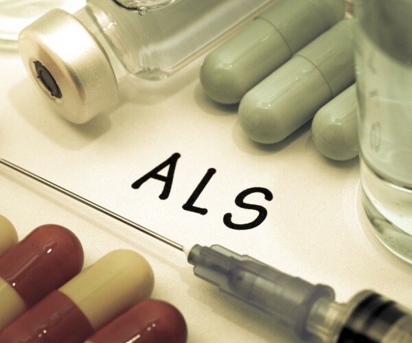 'ALS' surrounded by treatments -- pills, syringes, vials