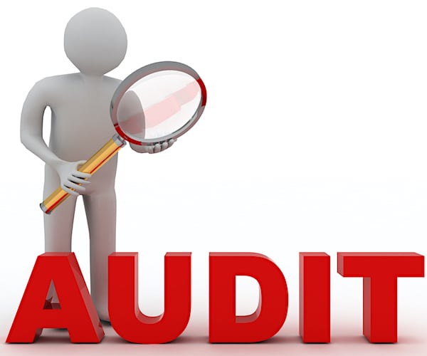 an illustration showing a stick figure with a magnifying glass over the word audit