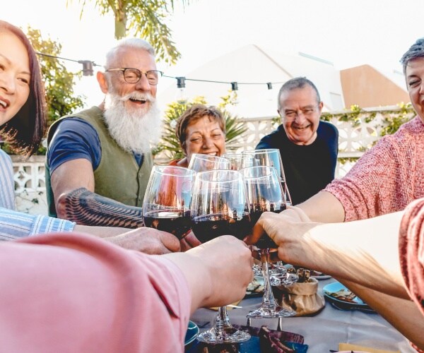 older adults smiling, cheering with glasses of wine at a dinner outside