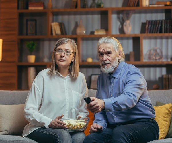 older couple watching television on the couch